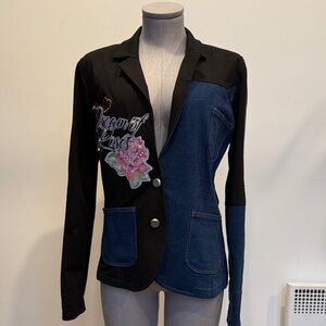 💙 Tricotto Patchwork Denim & Black Jacket – Fits Medium